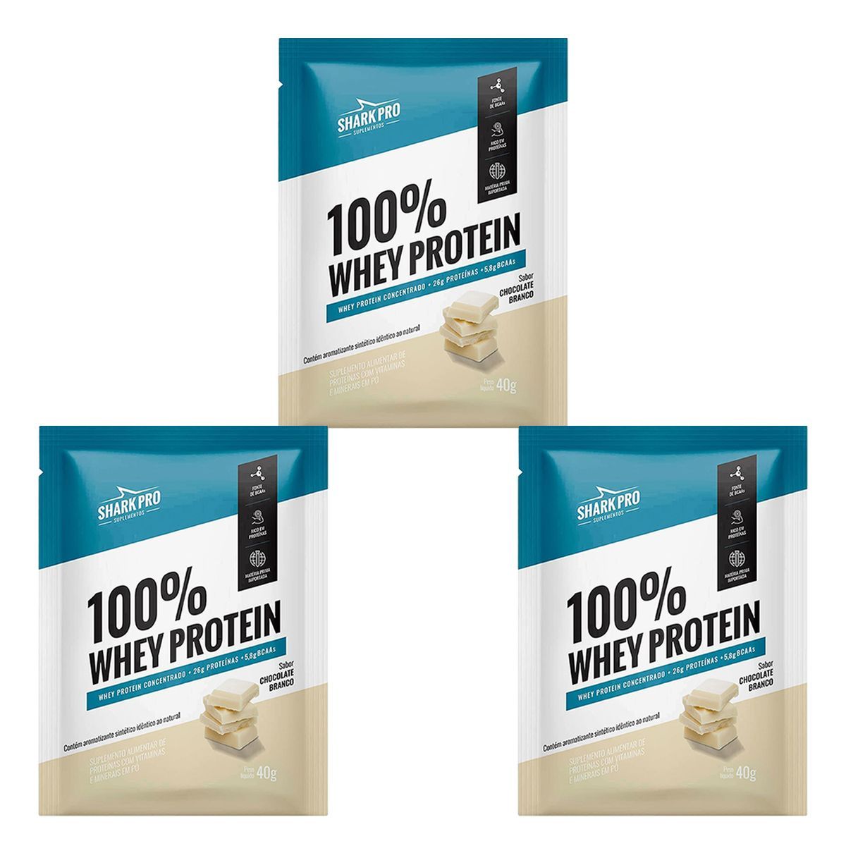 Kit 3X 100% Whey Protein - 1 Sach� 40g Chocolate Branco - Shark Pro