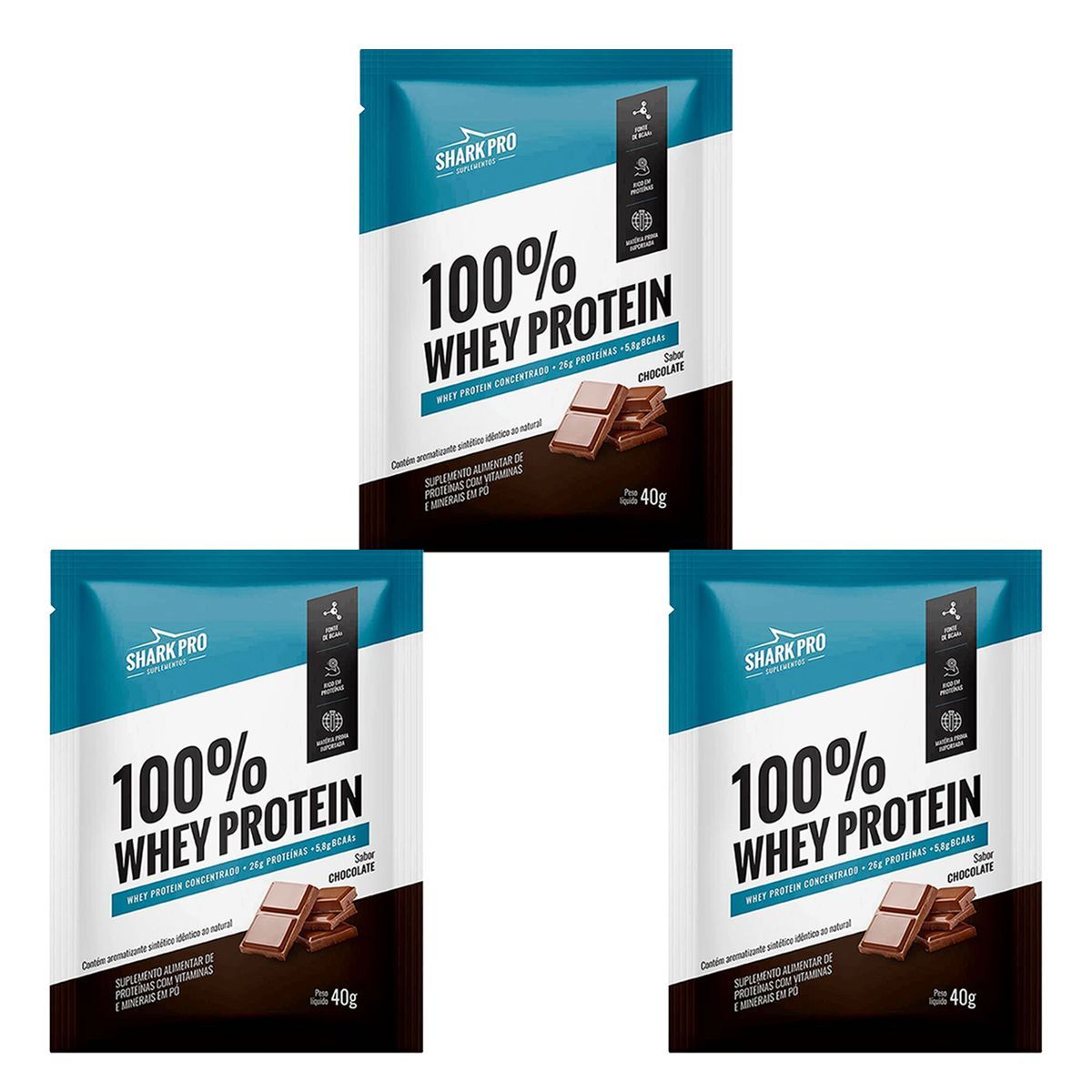 Kit 3X 100% Whey Protein - 1 Sach� 40g Chocolate - Shark Pro