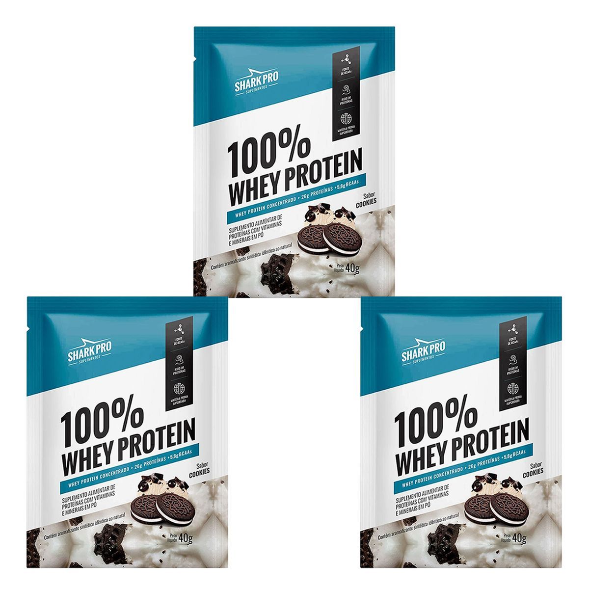Kit 3X 100% Whey Protein - 1 Sach� 40g Cookies - Shark Pro