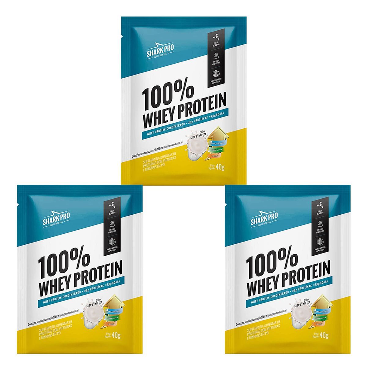 Kit 3X 100% Whey Protein - 1 Sach� 40g Leitinho - Shark Pro