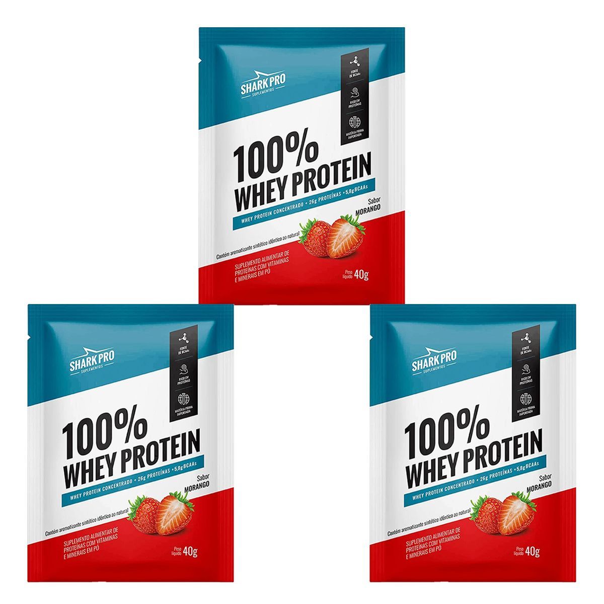 Kit 3X 100% Whey Protein - 1 Sach� 40g Morango - Shark Pro