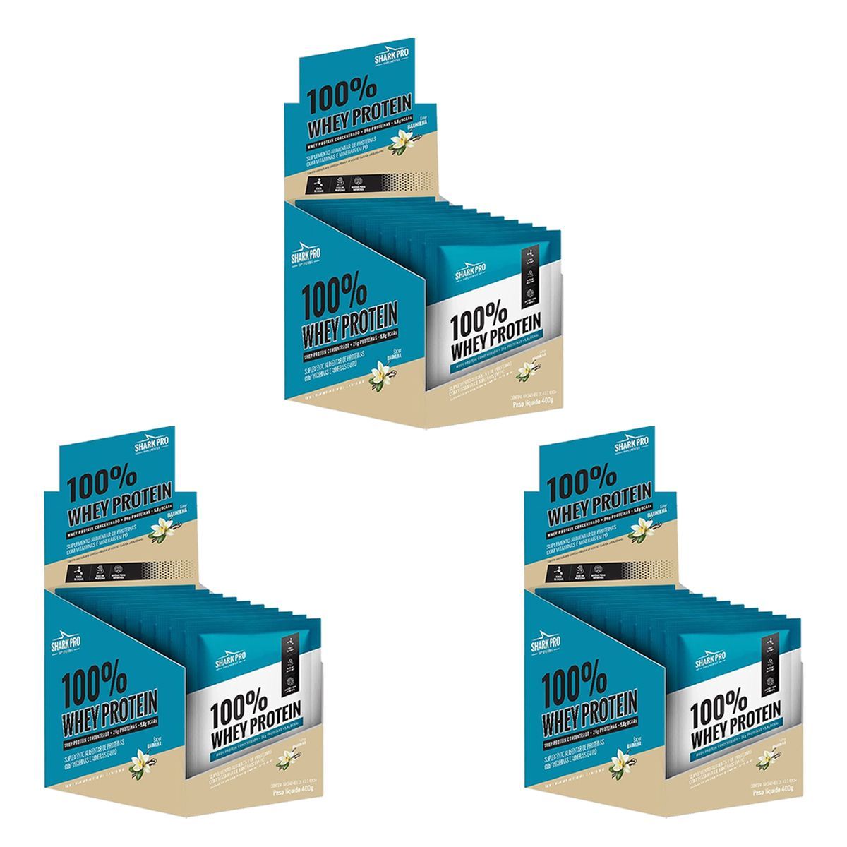 Kit 3X 100% Whey Protein - 10 Sach�s 40g Baunilha - Shark Pro