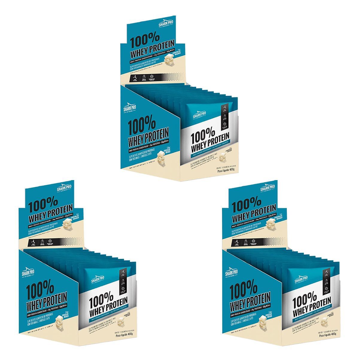 Kit 3X 100% Whey Protein - 10 Sach�s 40g Chocolate Branco - Shark Pro