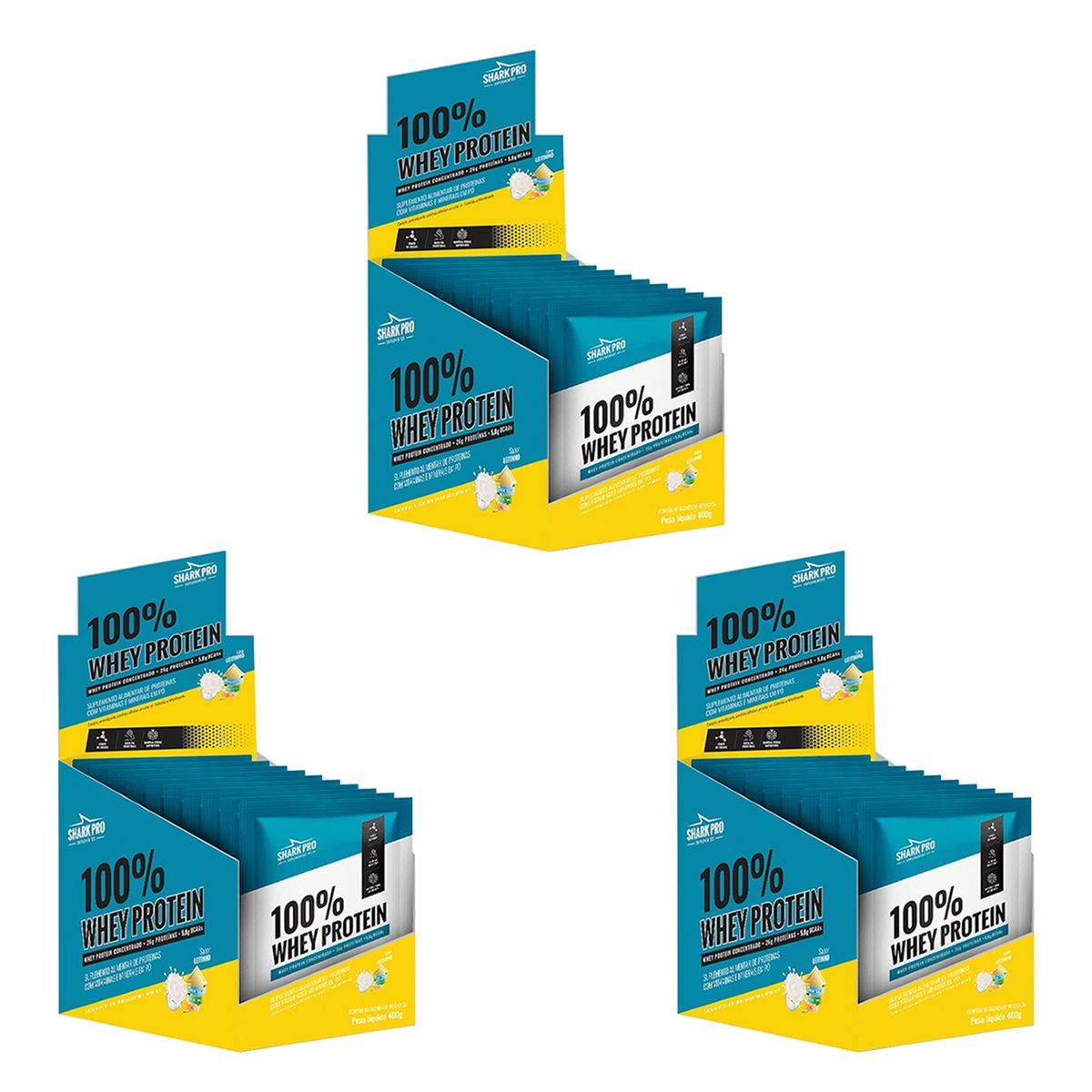 Kit 3X 100% Whey Protein - 10 Sach�s 40g Leitinho - Shark Pro