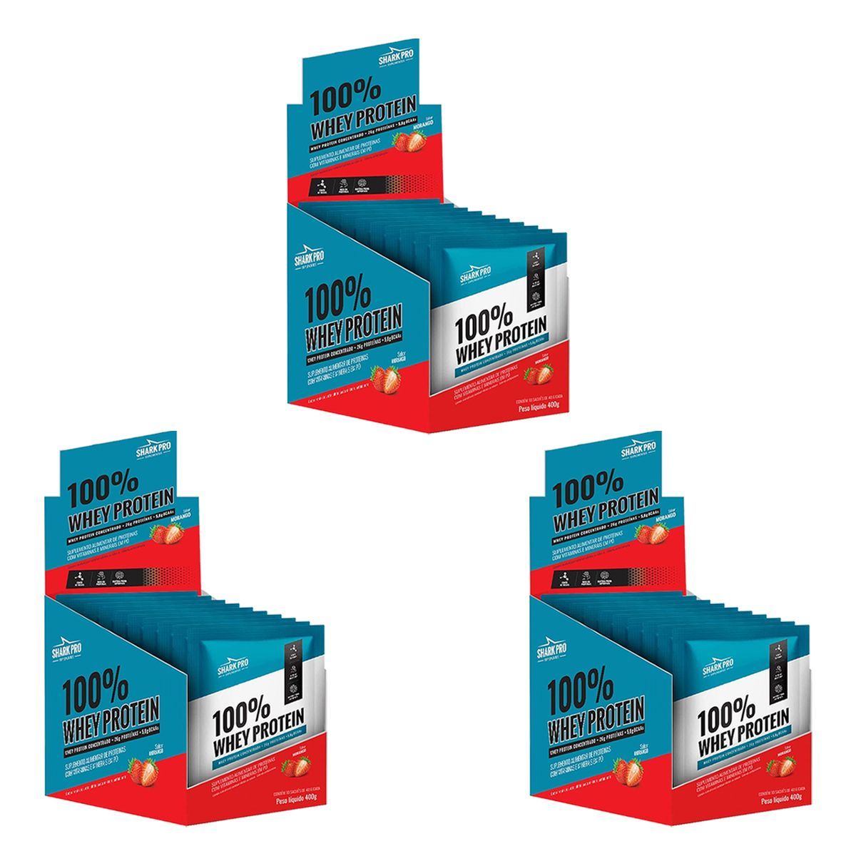 Kit 3X 100% Whey Protein - 10 Sach�s 40g Morango - Shark Pro
