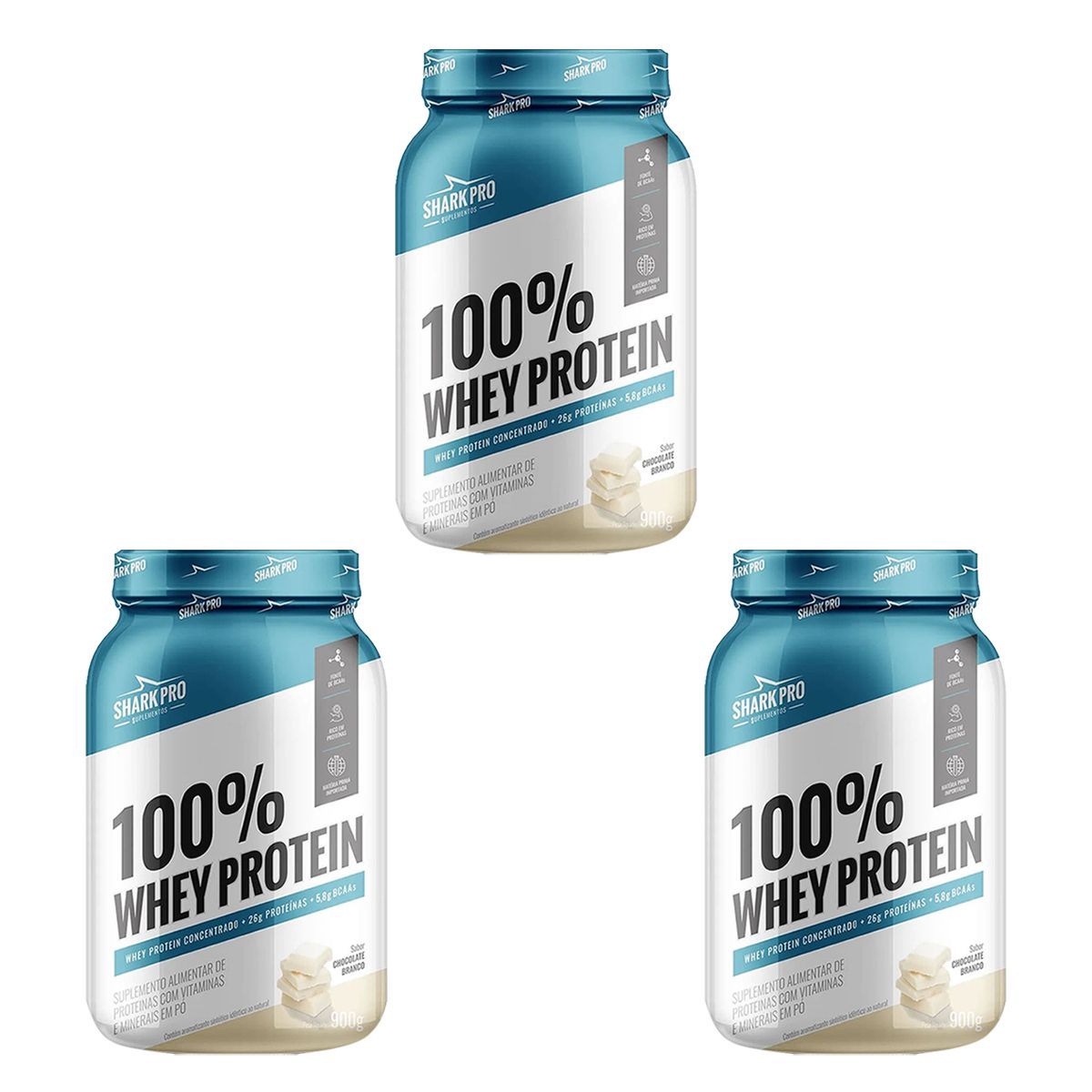 Kit 3X 100% Whey Protein - 900g Chocolate Branco - Shark Pro