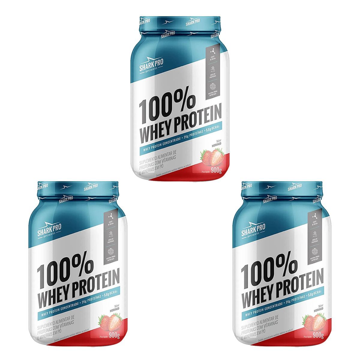 Kit 3X 100% Whey Protein - 900g Morango - Shark Pro