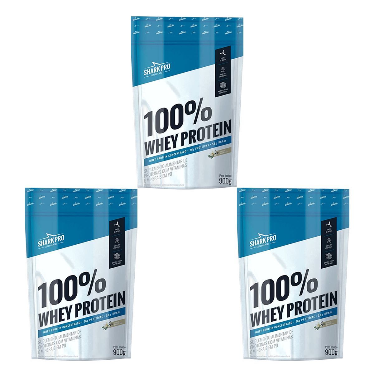 Kit 3X 100% Whey Protein - 900g Refil Baunilha - Shark Pro