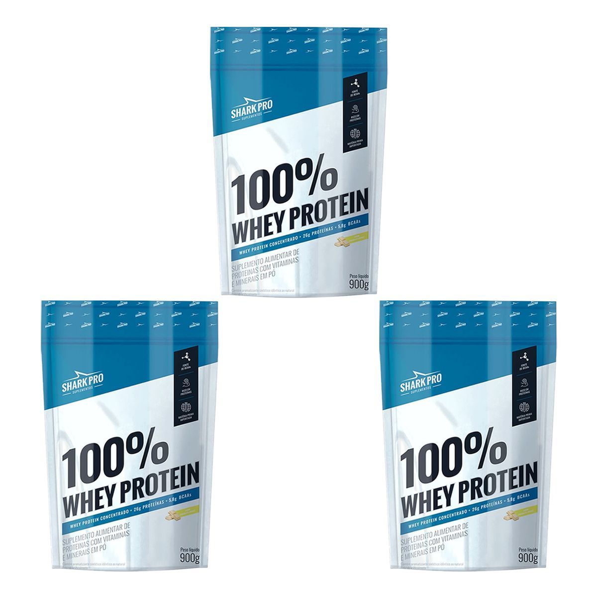 Kit 3X 100% Whey Protein - 900g Refil Chocolate Branco - Shark Pro