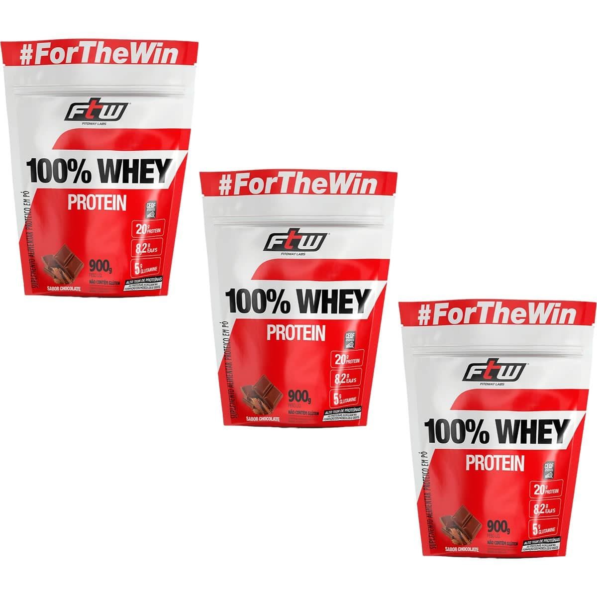 Kit 3X 100% Whey Protein - 900g Refil Chocolate - FTW