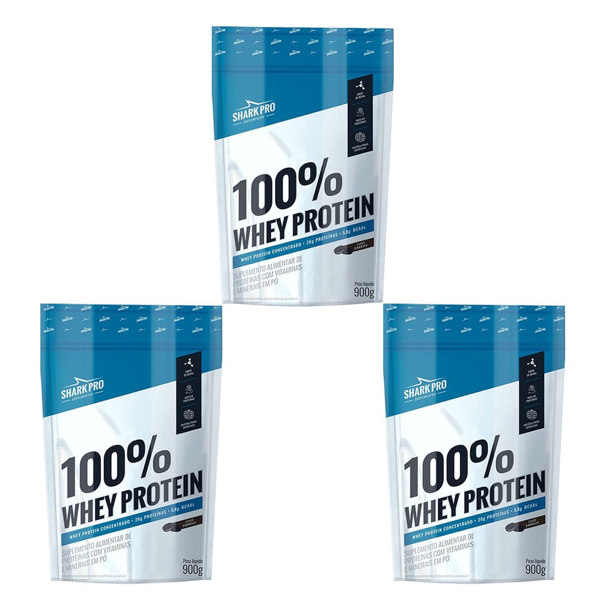Kit 3X 100% Whey Protein - 900g Refil Cookies - Shark Pro