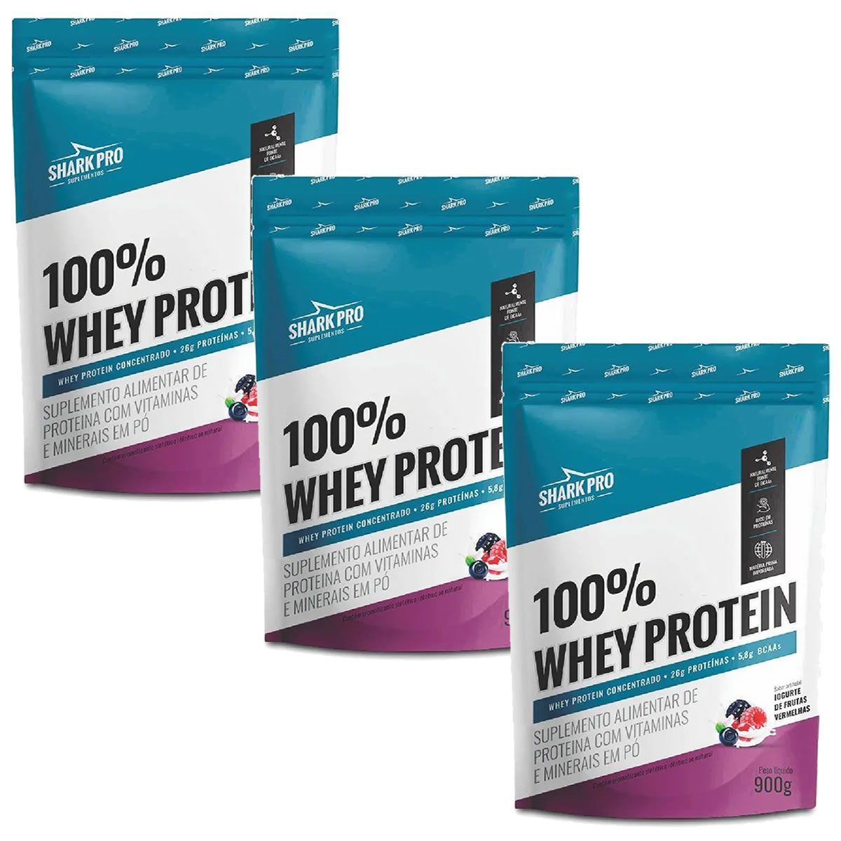 Kit 3X 100% Whey Protein - 900g Refil Iogurte de Frutas Vermelhas - Shark Pro