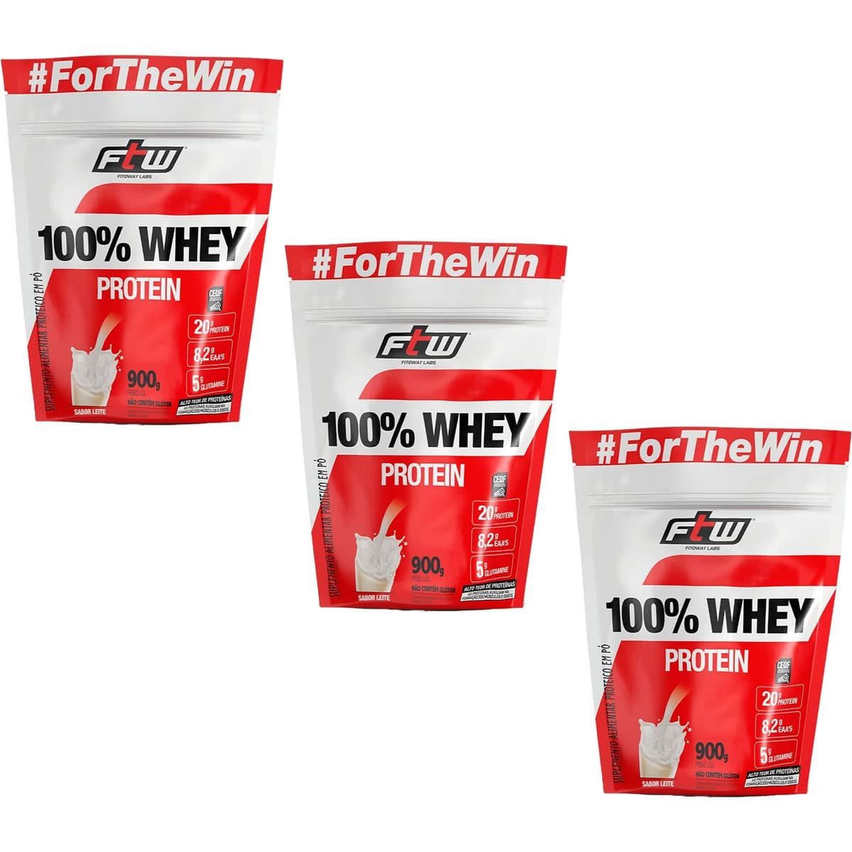 Kit 3X 100% Whey Protein - 900g Refil Leite - FTW