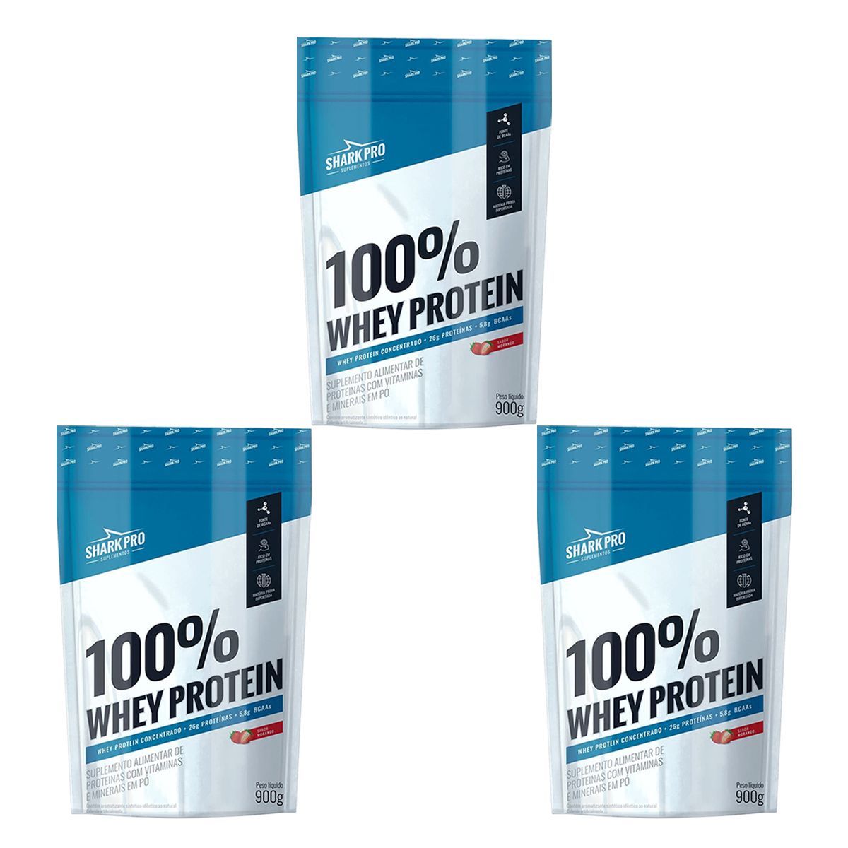 Kit 3X 100% Whey Protein - 900g Refil Morango - Shark Pro