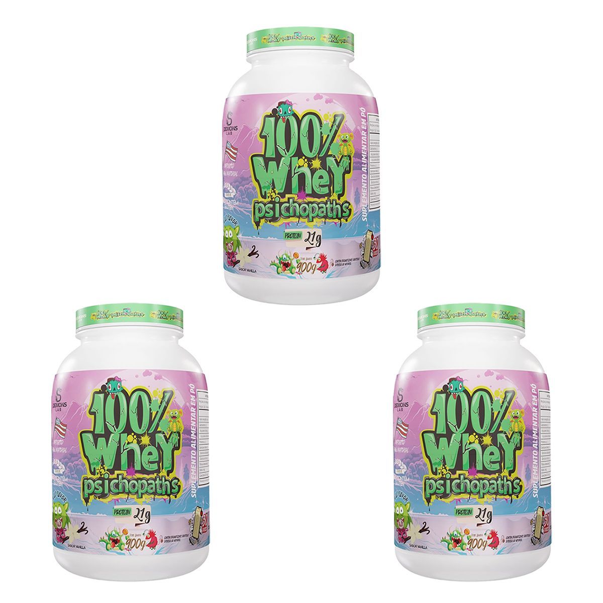 Kit 3X 100% Whey Psichopaths -  900g Vanilla - Demons Lab
