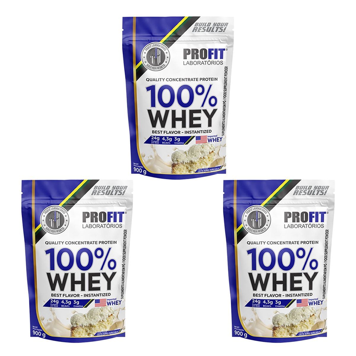 Kit 3X 100% Whey Quality Concentrate Protein - 900g Refil Leite Nino - Profit