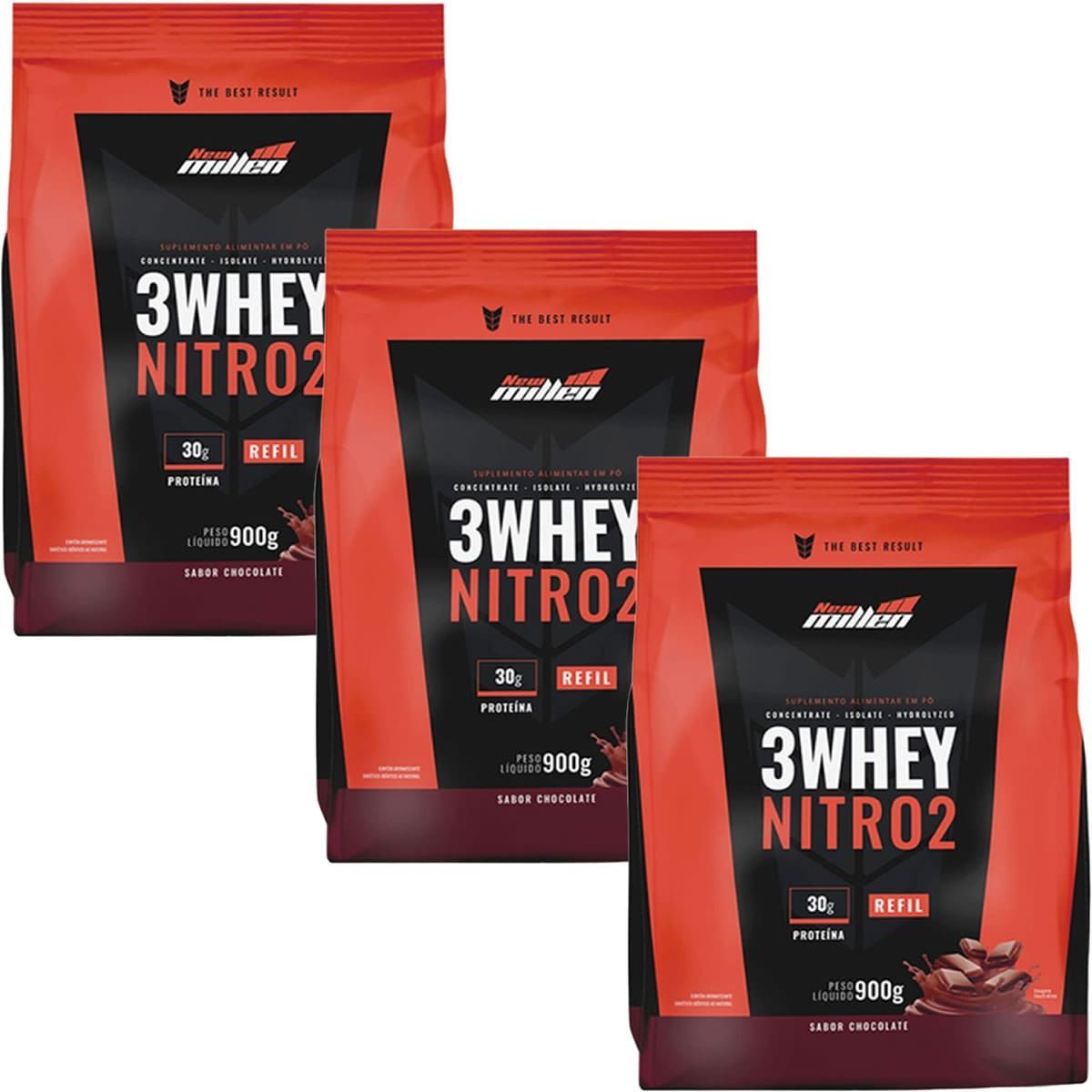 Kit 3X 3Whey Nitro 2 - 900g Refil Chocolate - New Millen