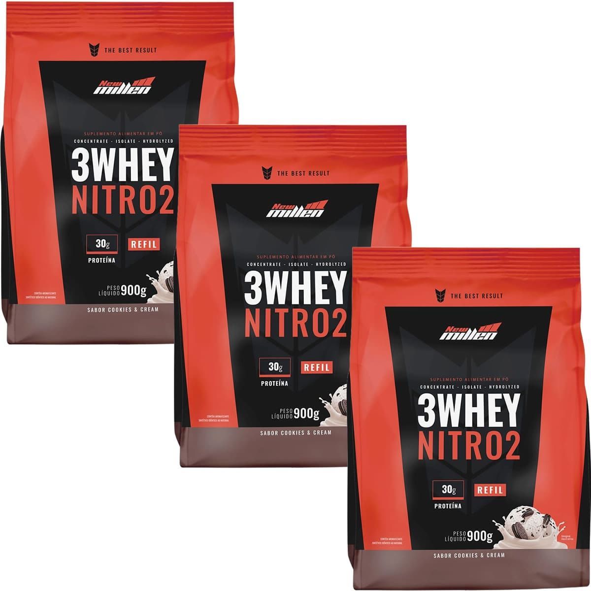 Kit 3X 3Whey Nitro 2 - 900g Refil Cookies e Cream  - New Millen