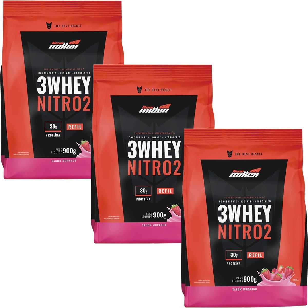Kit 3X 3Whey Nitro 2 - 900g Refil Morango - New Millen