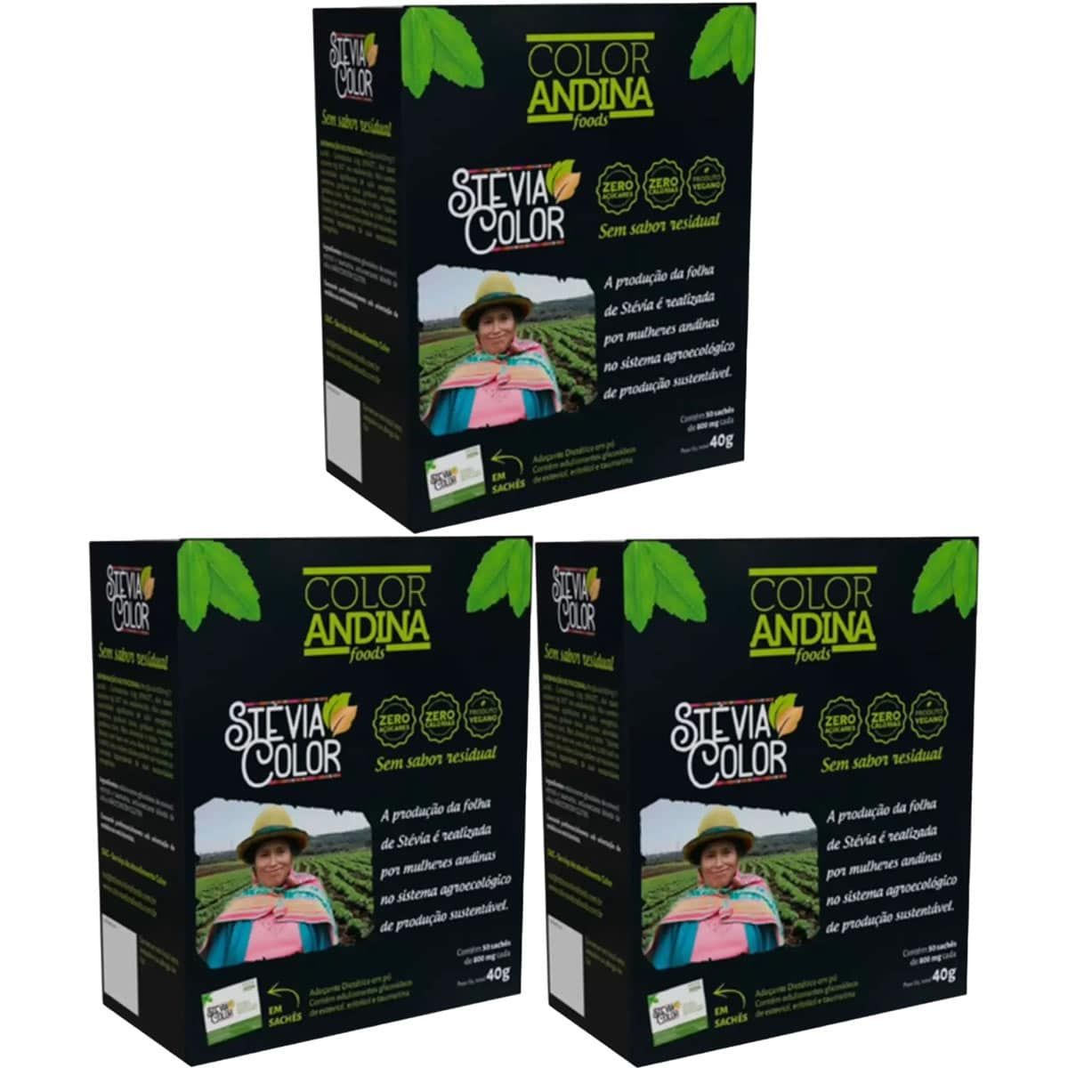 Kit 3X Adocante Stevia Color - 50 Sach�s de 0,8g - Color Andina