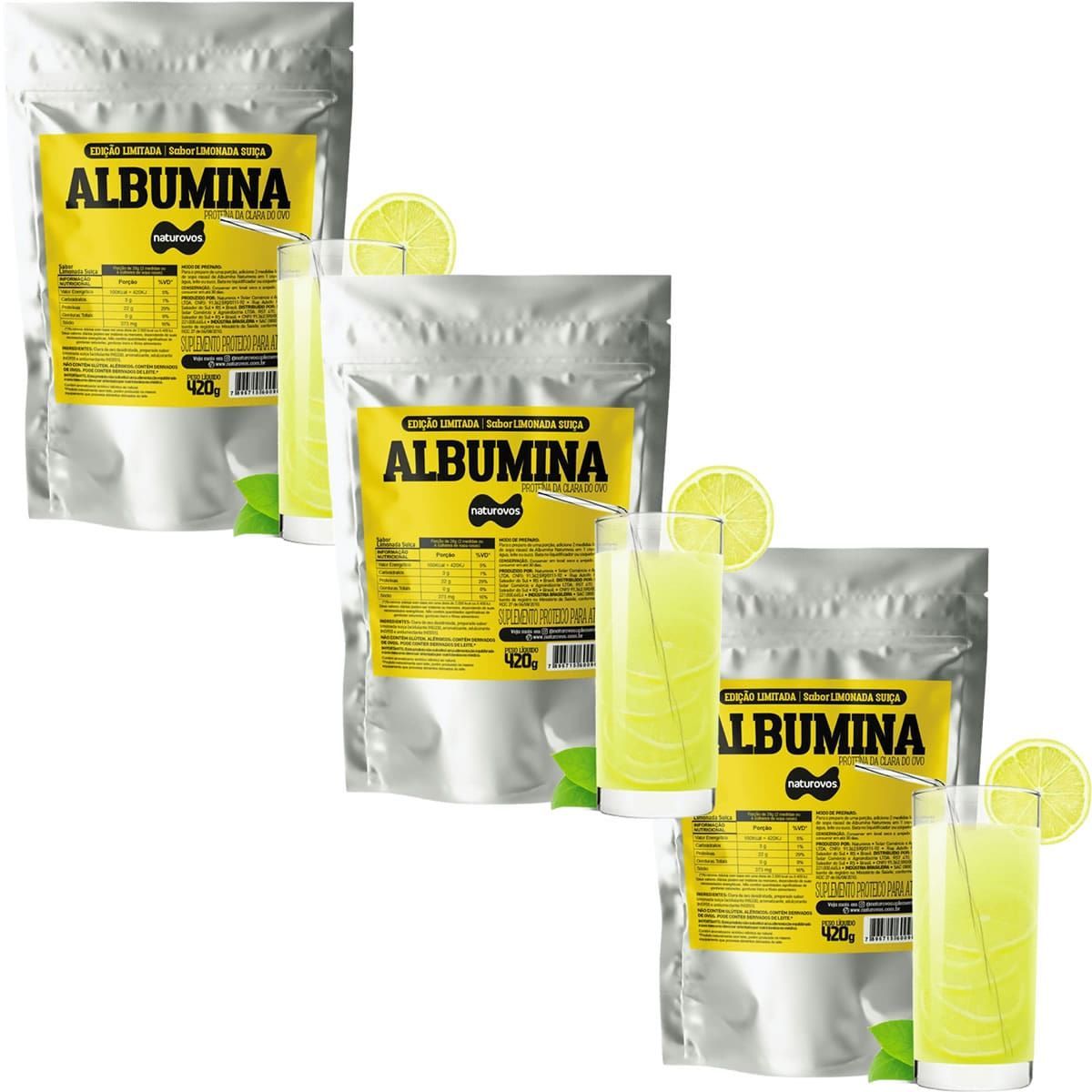 Kit 3X Albumina - 420g Refil Limonada Su��a - Naturovos