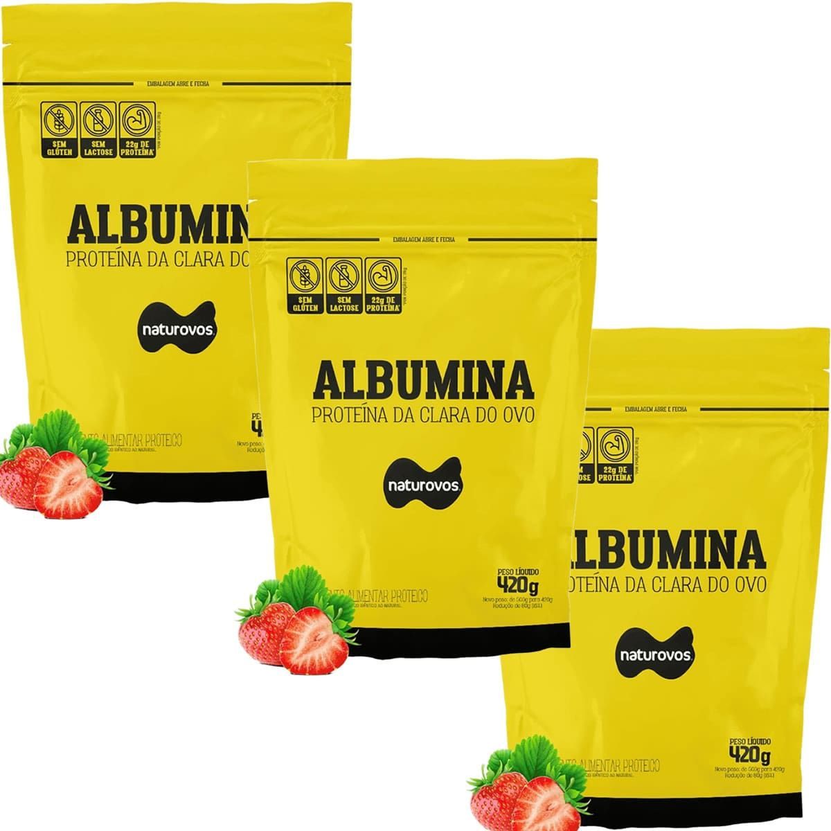 Kit 3X Albumina - 420g Refil Morango - Naturovos