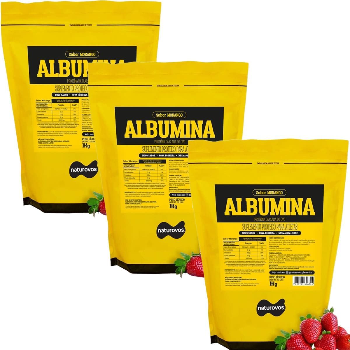 Kit 3X Albumina Refil - 1000g Morango - Naturovos