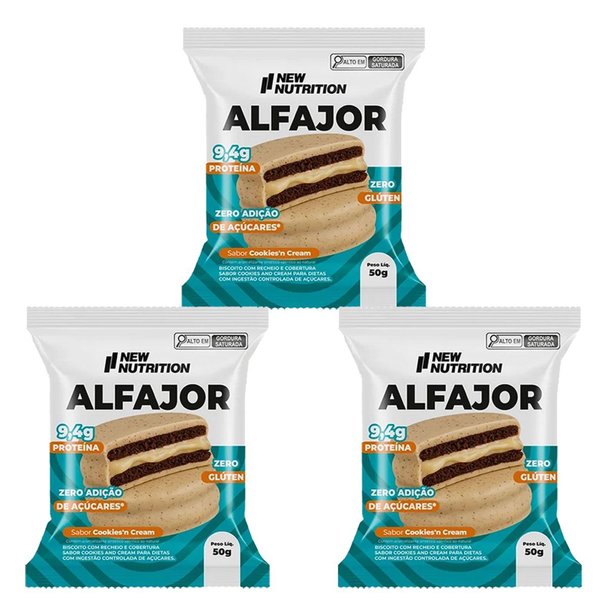 Kit 3X Alfajor Proteico - 1 Unidade 50g Cookies�N Cream - NewNutrition