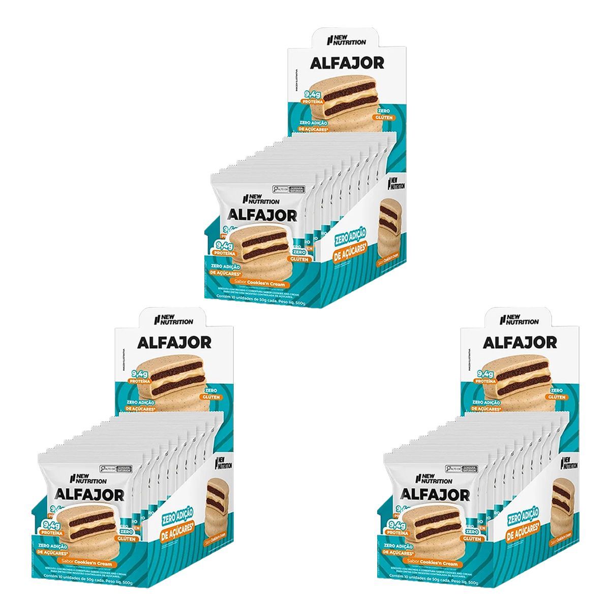 Kit 3X Alfajor Proteico - 10 Unidades 50g Cookies�N Cream - NewNutrition