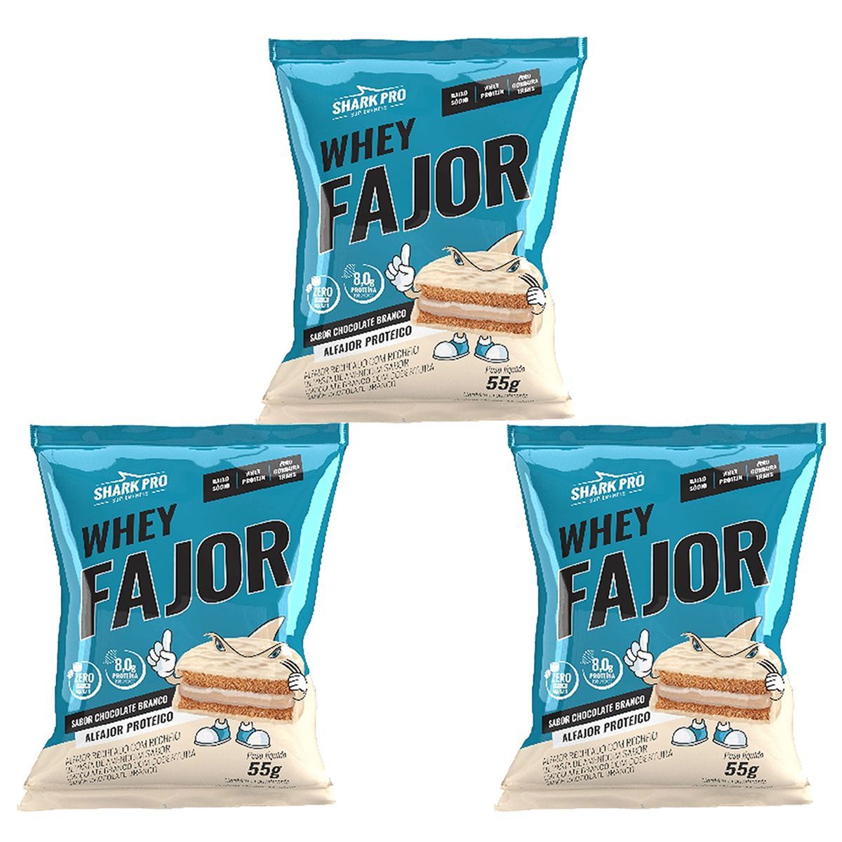 Kit 3X Alfajor WheyFajor - 1 Unidade 55g Chocolate Branco - Shark Pro