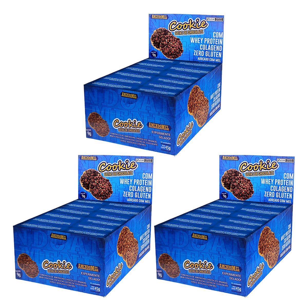 Kit 3X Amendo Cookie - 12 Unidades 45g Gotas de Chocolate - Amendomel