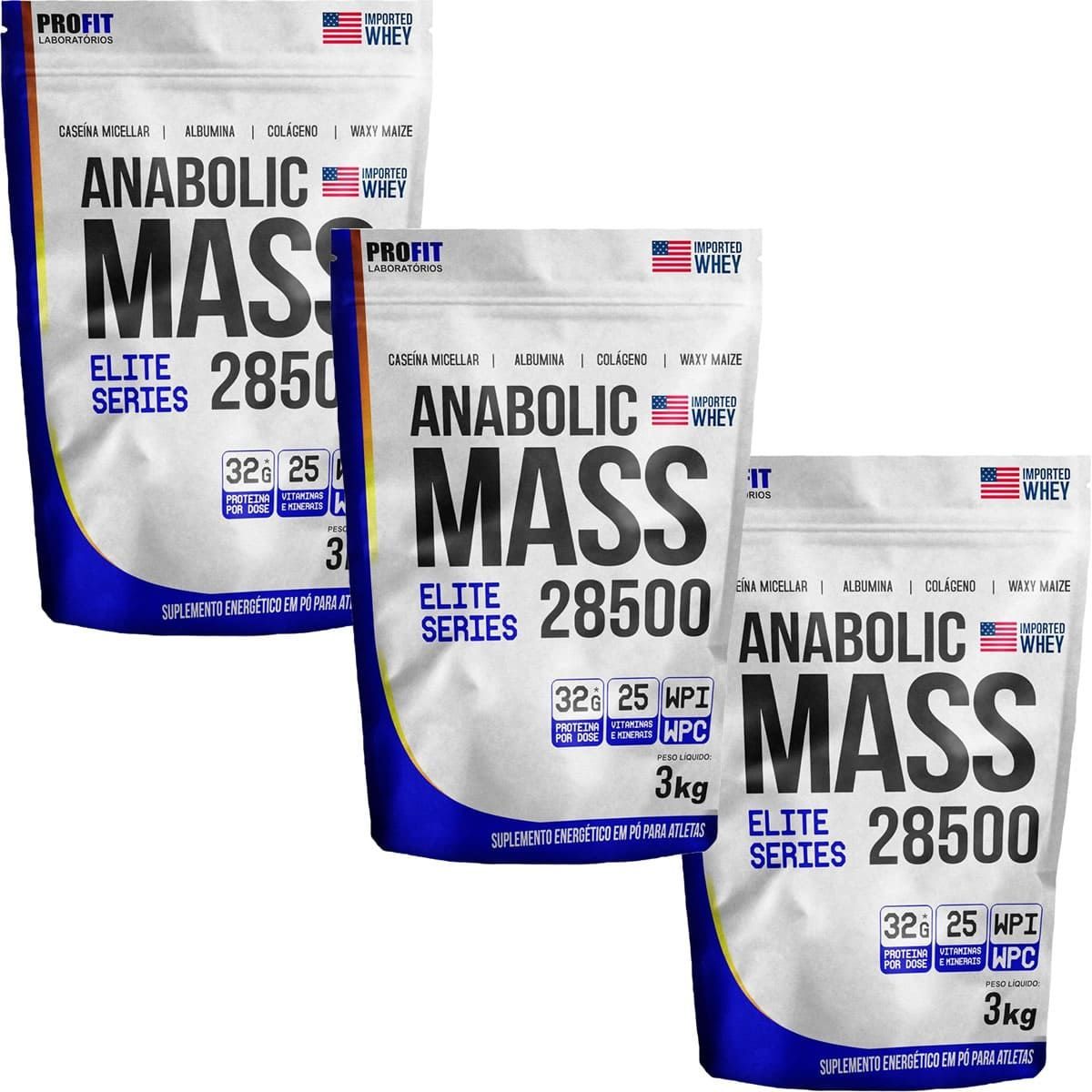 Kit 3X Anabolic Mass 28500 Refil Stand-Up - 3000g Morango - ProFit