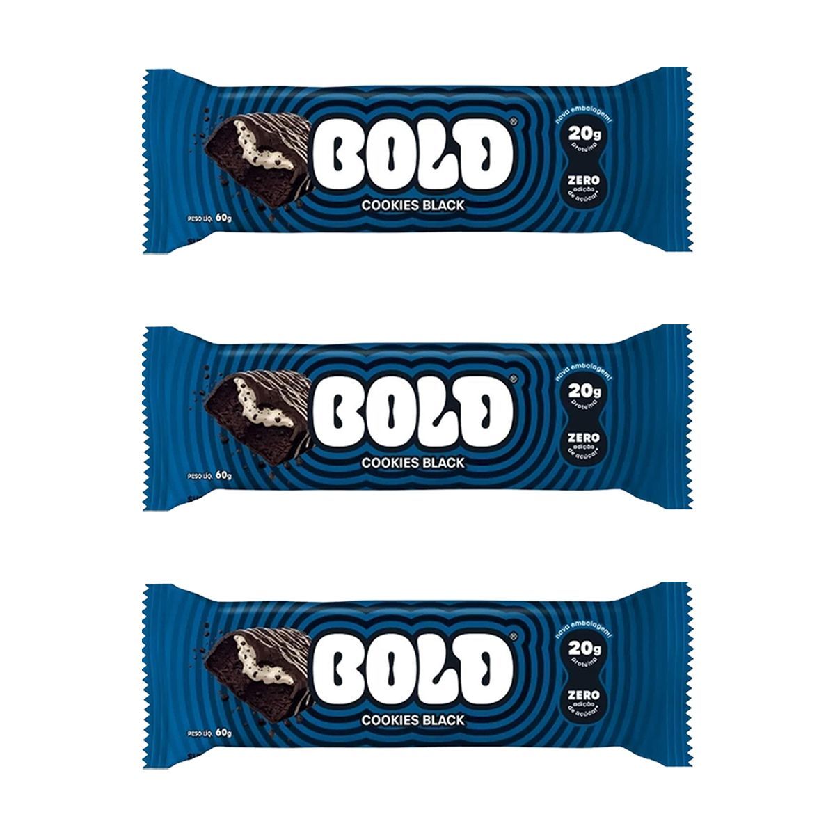 Kit 3X Barra de Proteina - 1 Unidade 60g Cookies Black - Bold