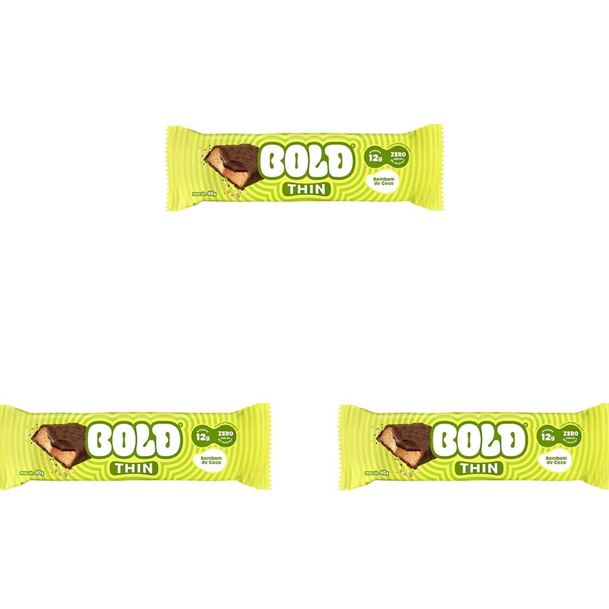 Kit 3X Barra de Proteina Thin - 1 Unidade 40g Bombom de Coco - Bold