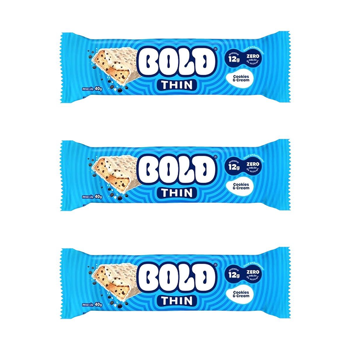 Kit 3X Barra de Proteina Thin - 1 Unidade 40g Cookies & Cream - Bold