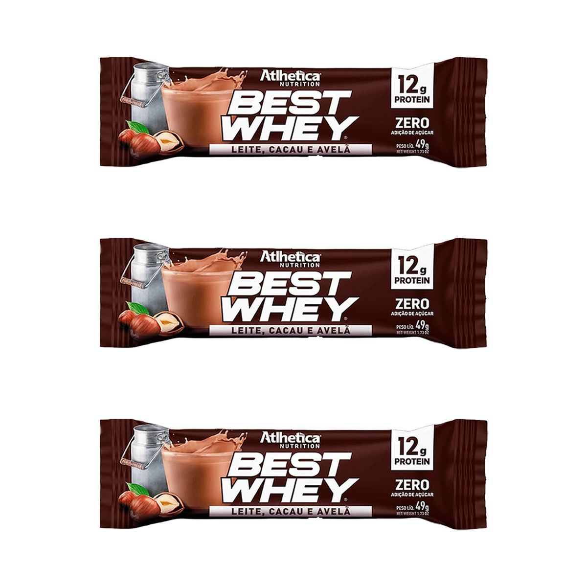 Kit 3X Barra Proteica Best Whey - 1 Barra 49g Leite Cacau e Avel� - Atlhetica Nutrition