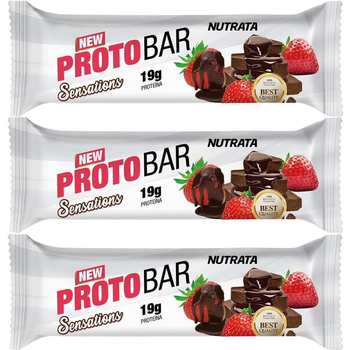 Kit 3X Barra Proto Bar - 1 Unidade de 70g Chocolate Meio Amargo com Recheio de Morango - Nutrata