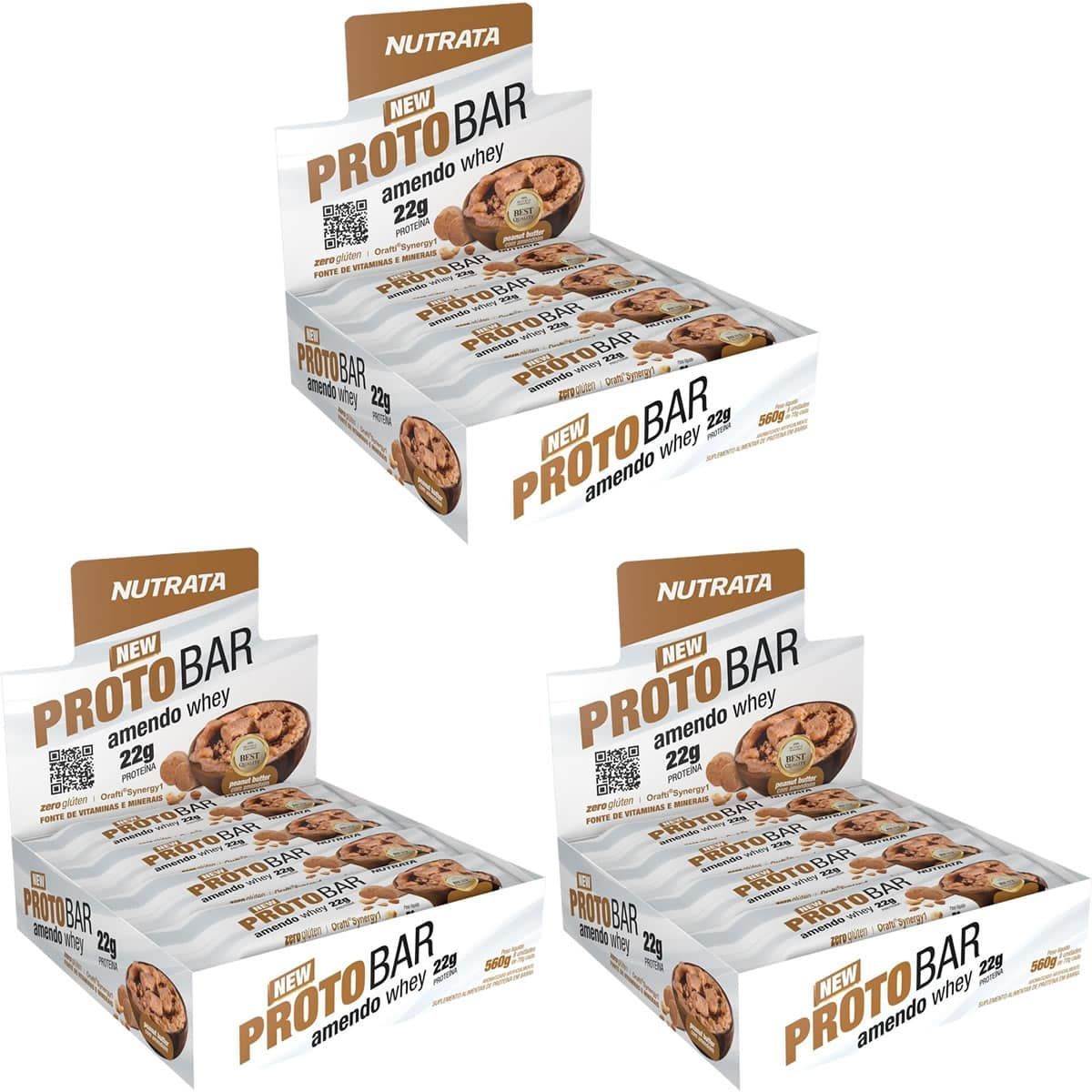 Kit 3X Barra Proto Bar - 8 Unidades de 70g Peanut Butter com Amendoim - Nutrata