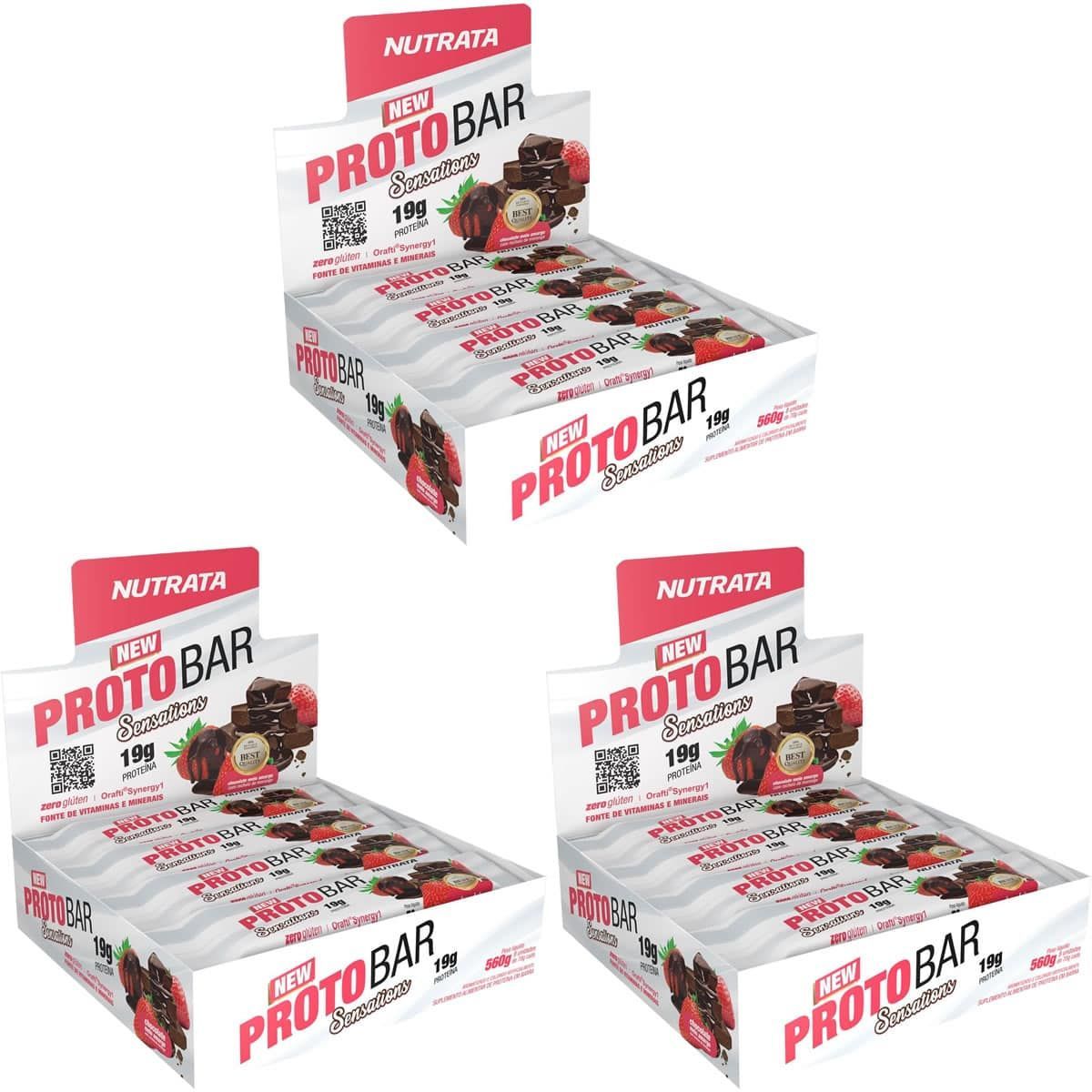 Kit 3X Barra Proto Bar - 8 Unidades de 70g Sensations Chocolate e Morango - Nutrata