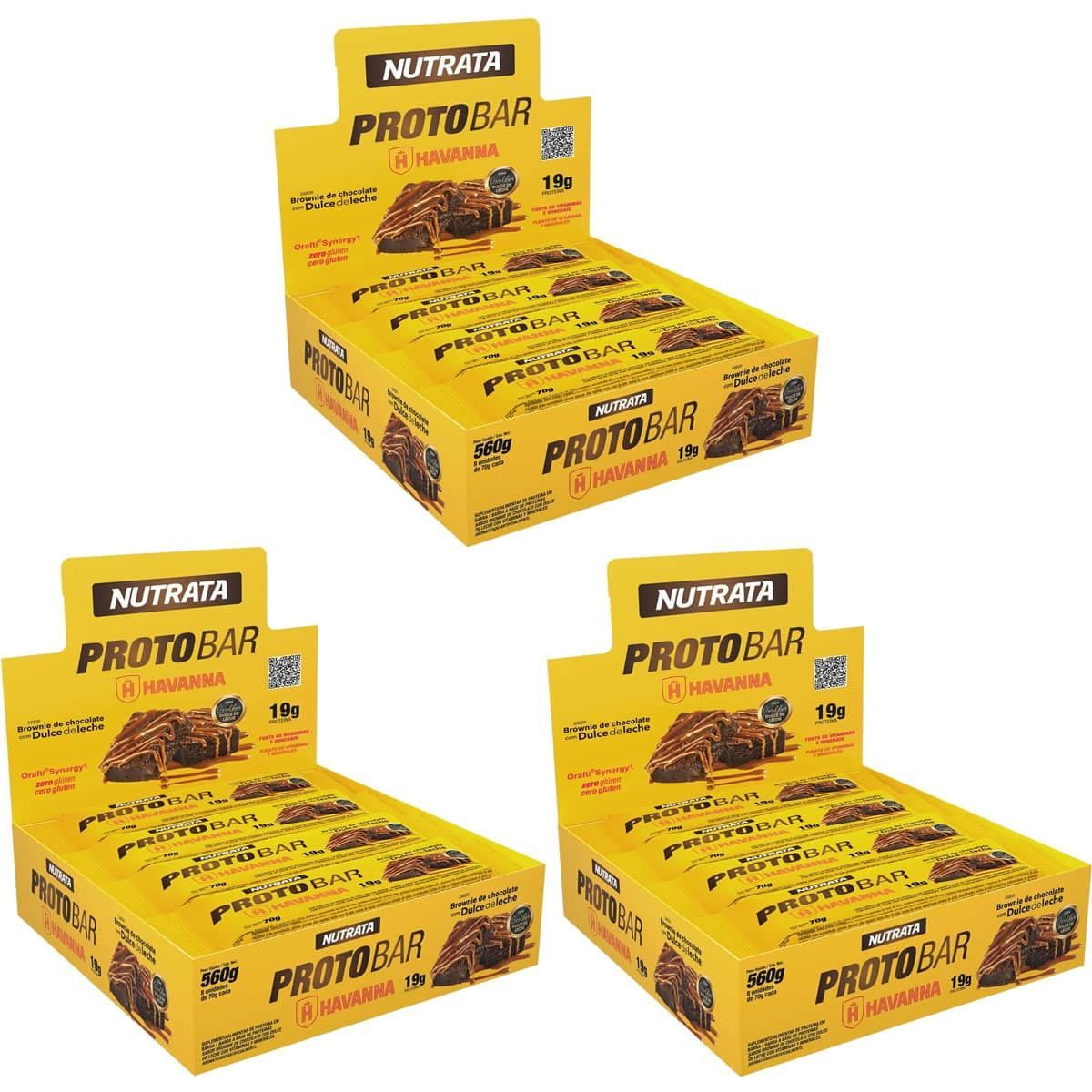 Kit 3X Barra Protobar Whey - 8 Unidades 70g Brownie com  Dulce de Leche Havanna - Nutrata