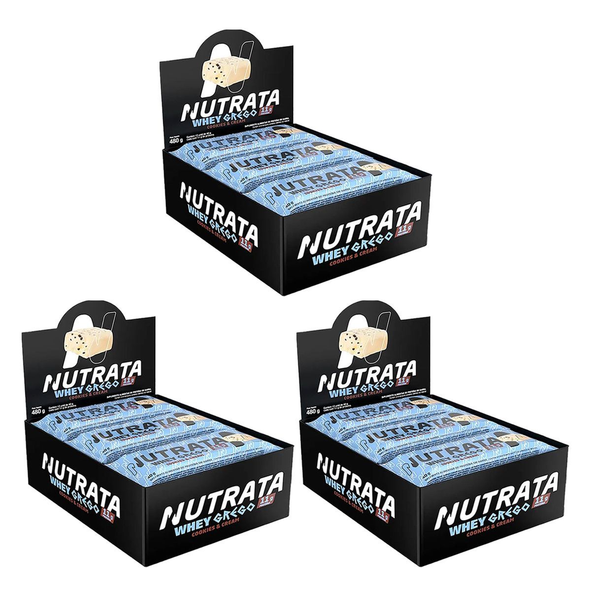Kit 3X Barra Whey Grego Bar - 12 Unidades 40g Cookies and Cream - Nutrata