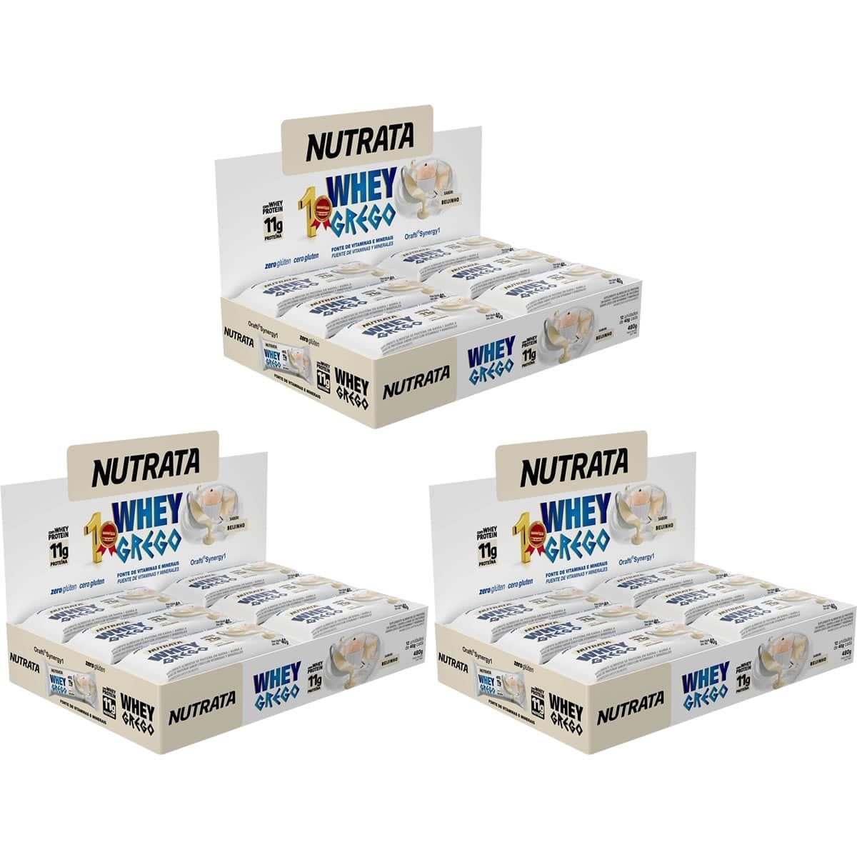 Kit 3X Barra Whey Grego Bar - 12 Unidades de 40g Beijinho - Nutrata