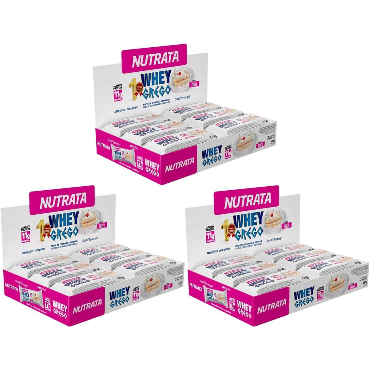Kit 3X Barra Whey Grego Bar - 12 Unidades de 40g Bolo de Festa - Nutrata