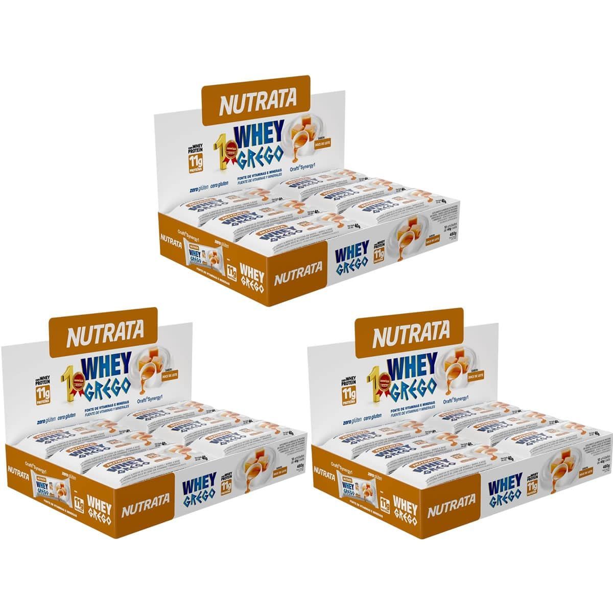 Kit 3X Barra Whey Grego Bar - 12 Unidades de 40g Doce de Leite - Nutrata