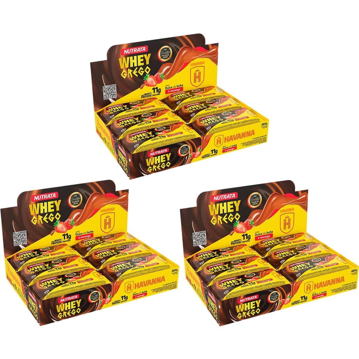 Kit 3X Barra Whey Grego Bar - 12 Unidades de 40g Dulce de Leche Havanna e Morango - Nutrata