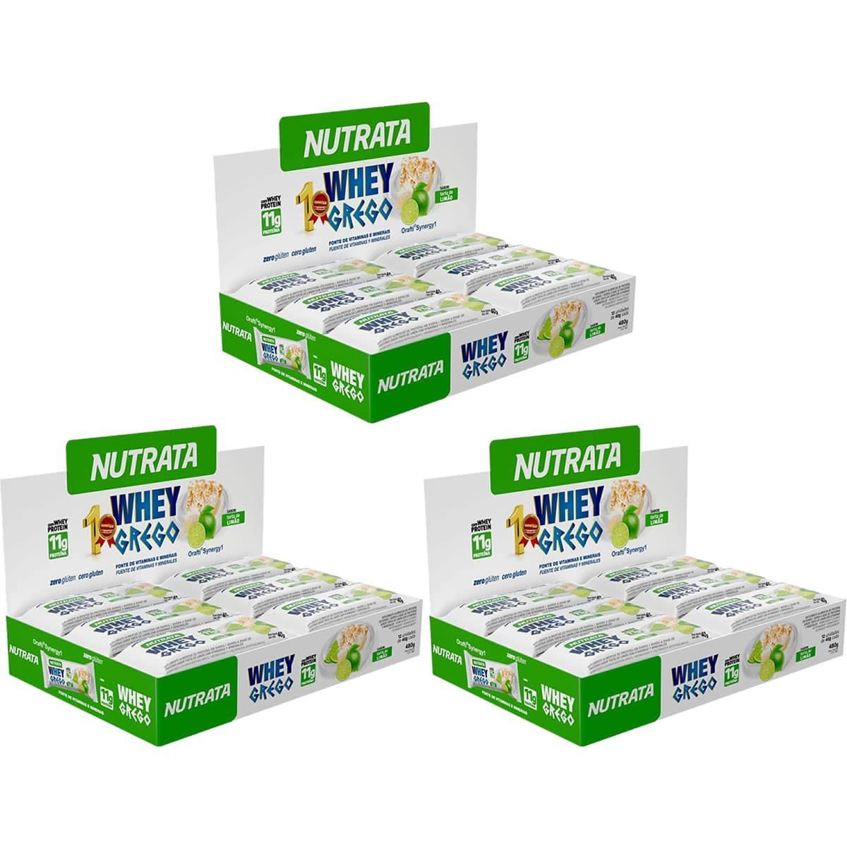 Kit 3X Barra Whey Grego Bar - 12 Unidades de 40g Torta de Lim�o - Nutrata