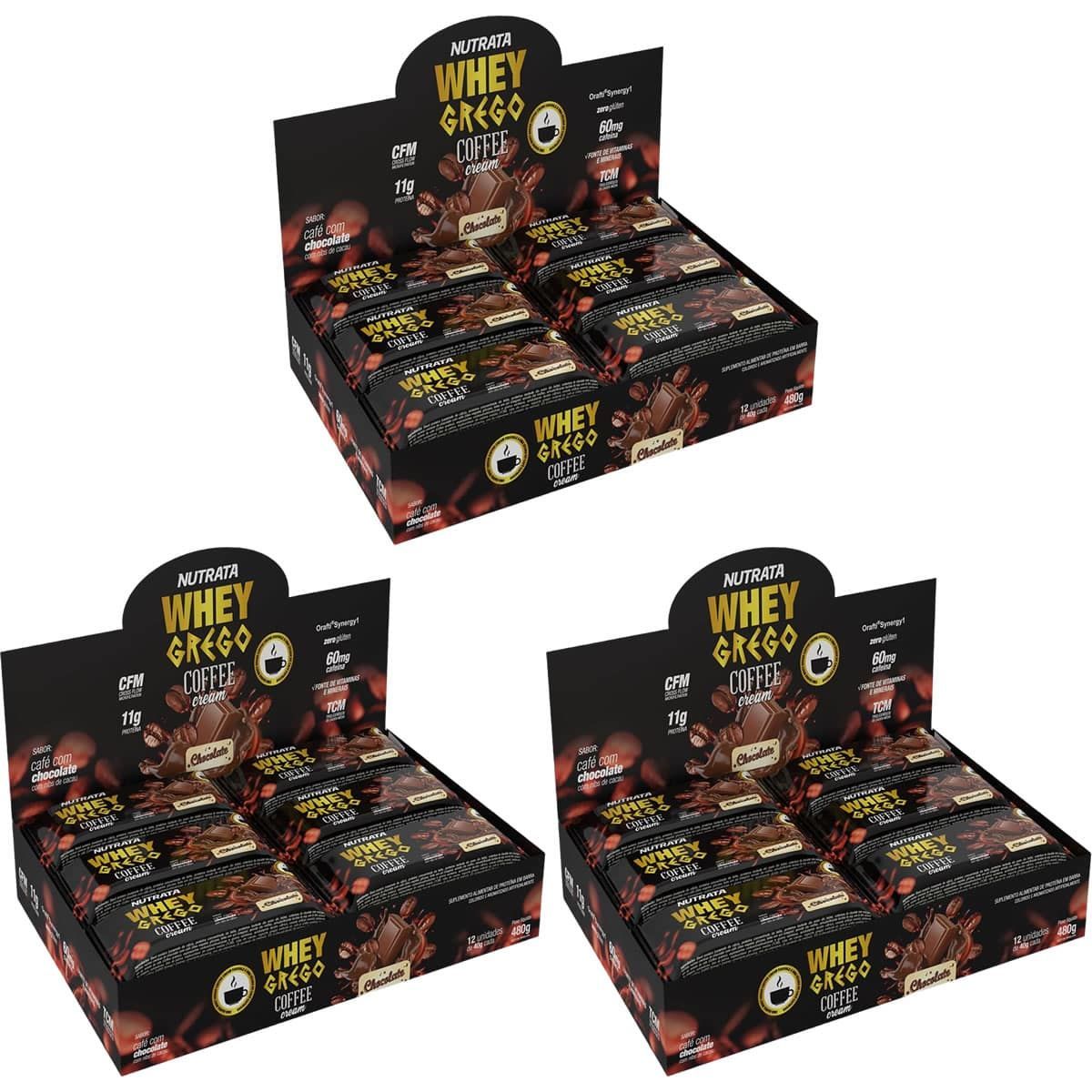 Kit 3X Barra Whey Grego Bar Coffee Cream - 12 Unidades 40g Caf� com Chocolate - Nutrata