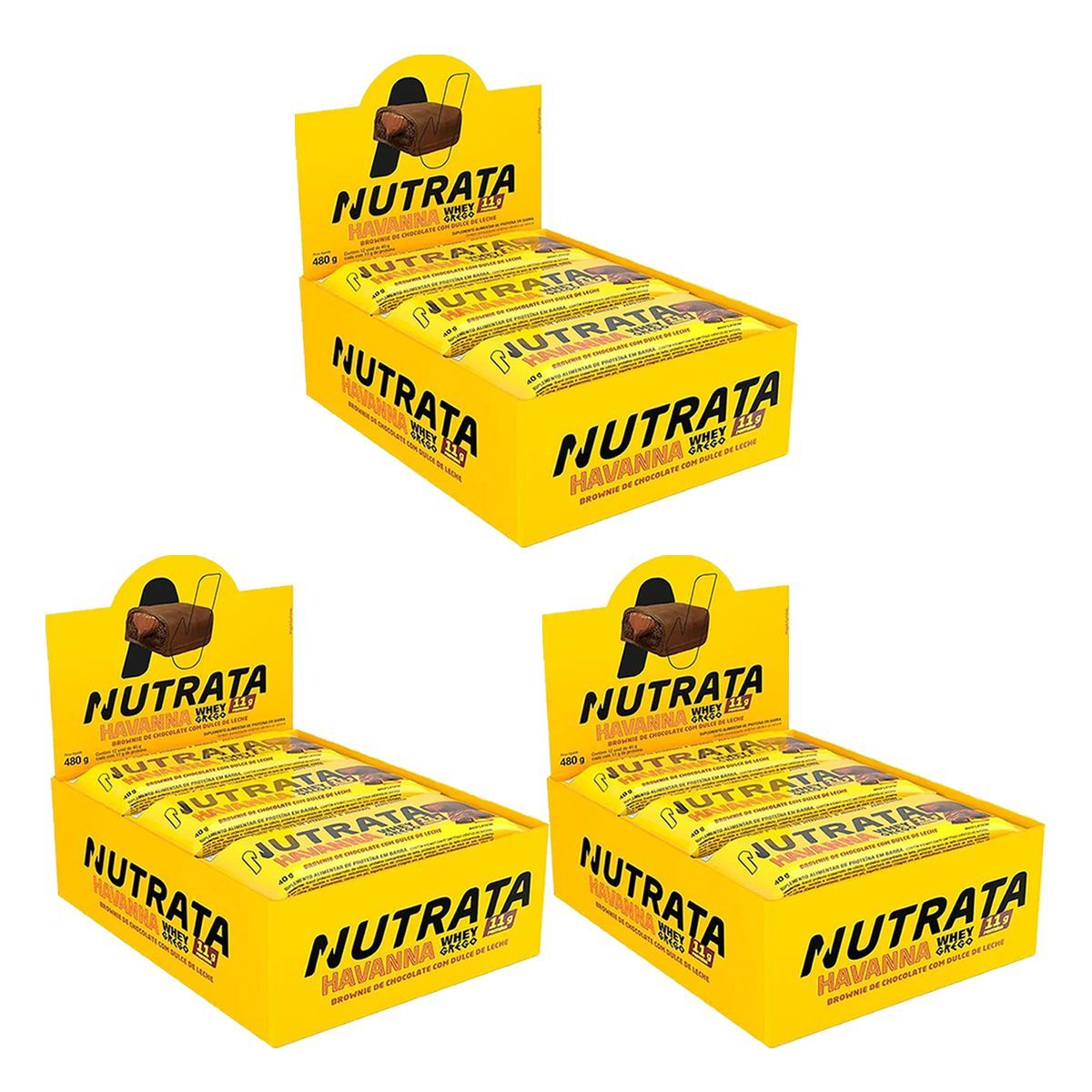 Kit 3X Barra Whey Grego Havanna -  12 Unidades 40g Brownie de Chocolate Com Dulce de Leche - Nutrata