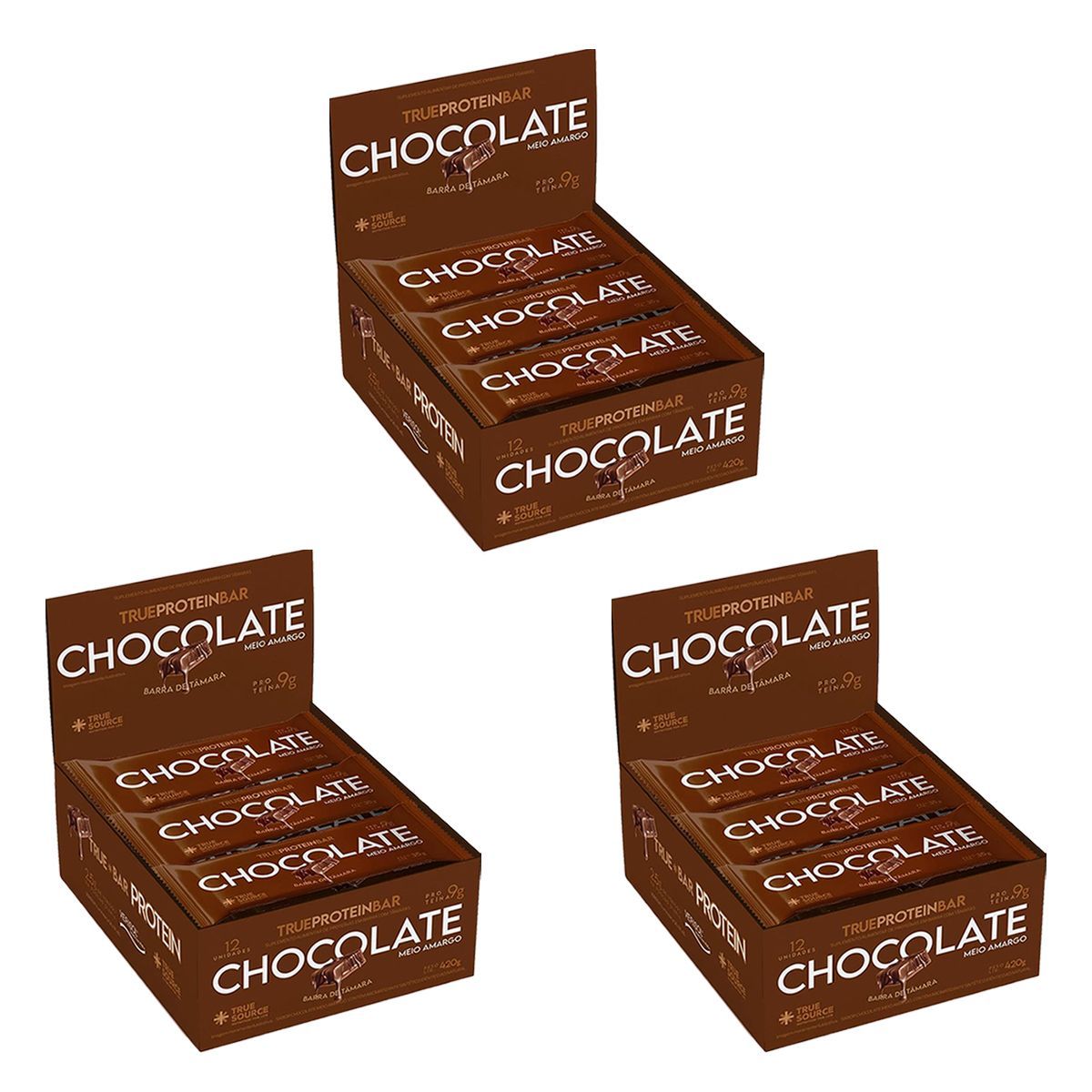 Kit 3X Barrinha de T�mara True Bar Protein - 12 Unidades de 35g Chocolate Meio Amargo - True Source