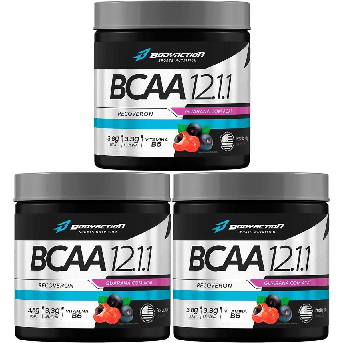 Kit 3X BCAA 12:1:1 Recoveron - 100g A�a� c/ Guaran� - BodyAction